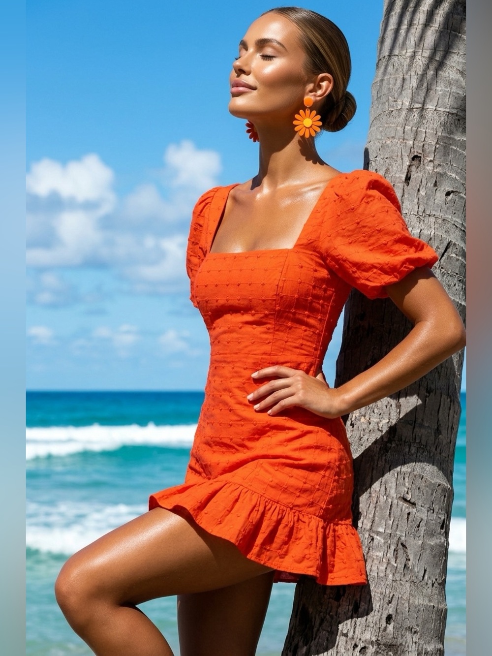 Square Neck Red Orange Puff Sleeve Mini Dress